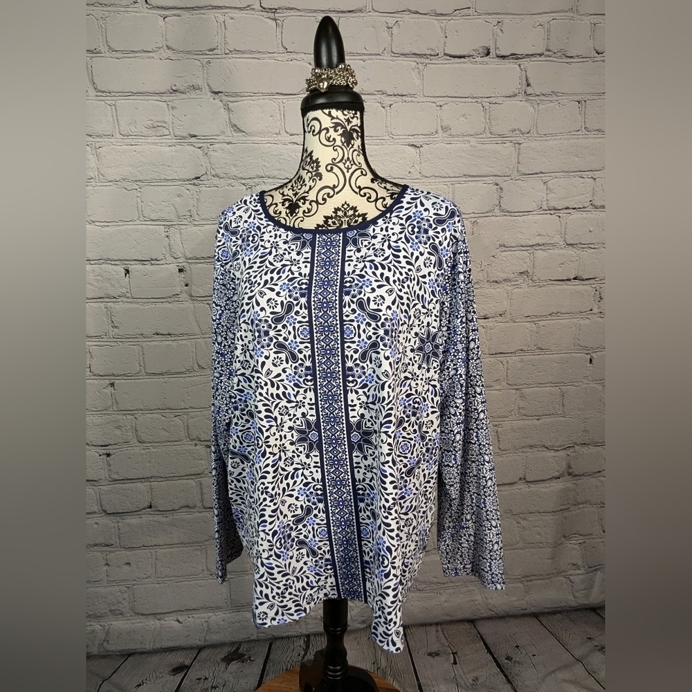 Lands End women's long sleeve floral print stretch knit popover top size 2x B18a